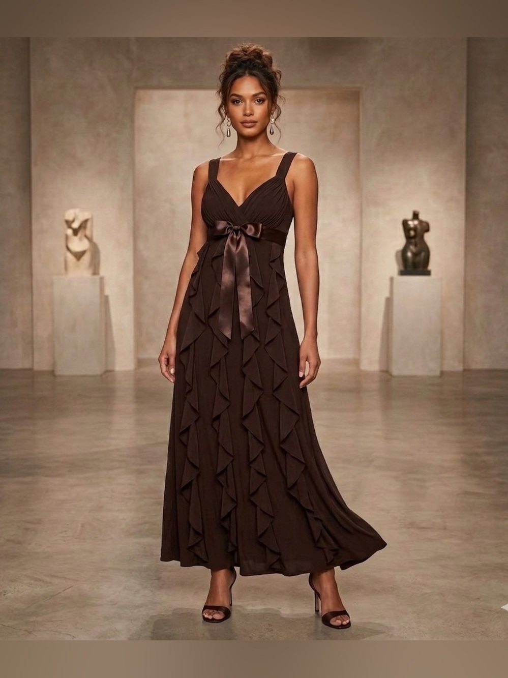 Y2K Betsy & Adam Brown Tiered Ruffle Maxi Dress Prom Bridesmaid Coquette Size 8